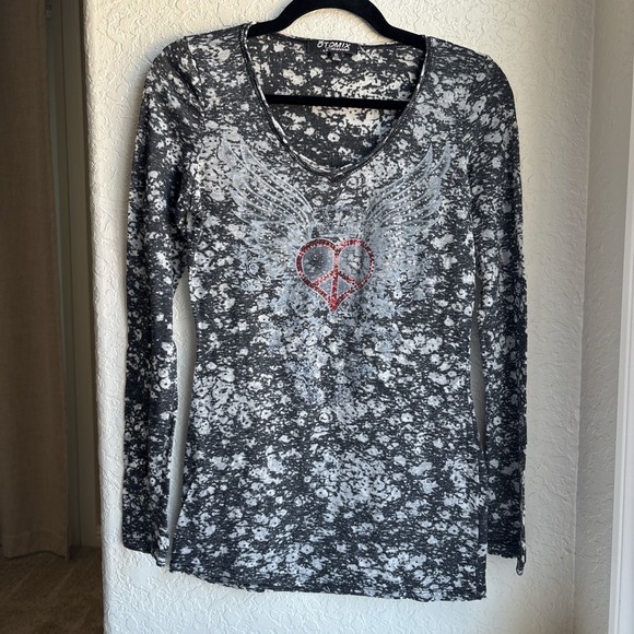 Otomix Tops - Women XL Y2K Burnout Long Sleeve Top Angel Wings Rhinestone Sheer Biker‎ Glam